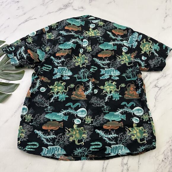 LRG Mens Button Up Shirt Size L Black Blue Ocean Sea Life Octopus Fish Print - Picture 8 of 12